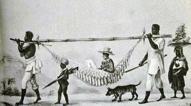Slaven dragen een hangmat met daarin een blanke